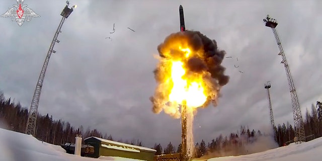 This photo taken from a video provided by the Russian Ministry of Defense Press Service on February 19, 2022 shows the Yars intercontinental ballistic missile.