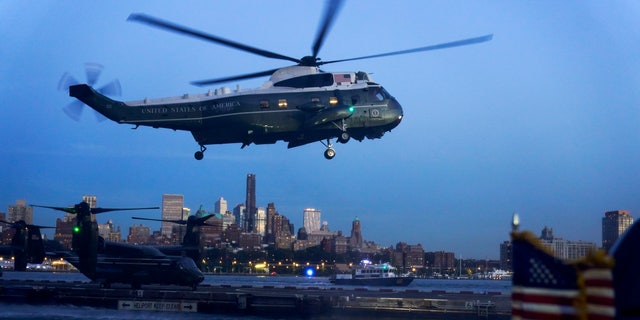 President. Biden aboard Marine One arrives at the Wall Street Landing Zone in New York, Thursday, Oct. 6, 2022, to attend a Democratic Senatorial Campaign Committee reception. 