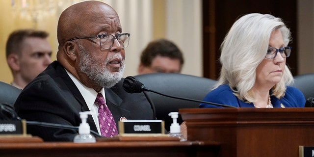 Chairman Bennie Thompson, D-Miss., speaks as the House select committee investigating the Jan. 6 attack on the U.S. Capitol holds a hearing, on Capitol Hill in Washington, Thursday, Oct. 13, 2022, as Vice Chair Liz Cheney, R-Wyo., look on. 