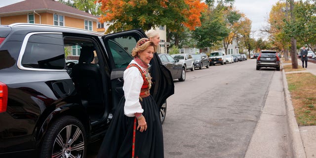 Queen Sonja of Norway arrives at Den Norske Lutherske Mindekirke, the Norwegian Lutheran Memorial Church in Minneapolis, Sunday Oct. 16, 2022. 