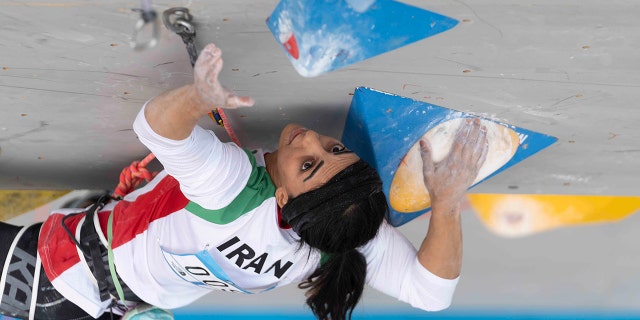 Iranian athlete Elnaz Rekabi competes during the Boulder & Main Final during the IFSC Asian Climbing Championships in Seoul on Sunday 16 October 2022. 