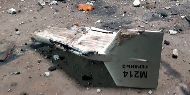 This undated photo released by the Directorate General of Strategic Communications of the Ukrainian Armed Forces shows the wreckage of what Kyiv described as an Iranian Shahed drone shot down near Kupiansk, Ukraine. 