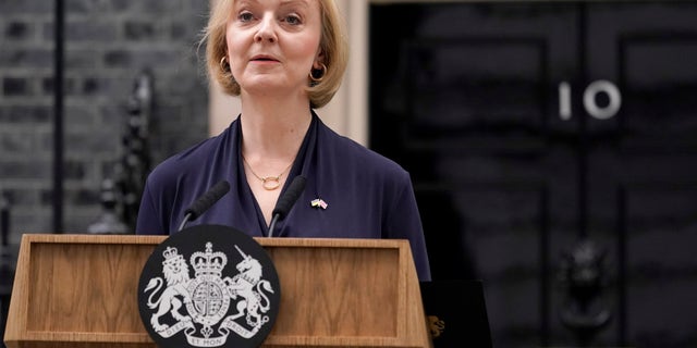 Britain's Prime Minister Liz Truss addresses the media in Downing Street in London, Thursday, Oct. 20, 2022.