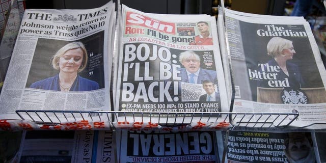A selection of the front pages of British national newspapers showing the reaction the the resignation of Prime Minister Liz Truss, in London, Friday, Oct. 21, 2022. 