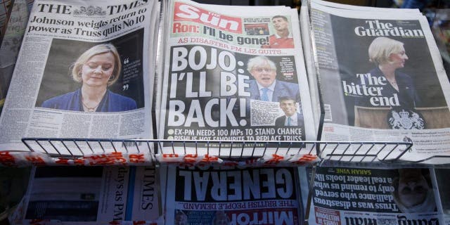 A selection of the front pages of British national newspapers showing the reaction to the resignation of Prime Minister Liz Truss, in London on Friday 21 October 2022. 