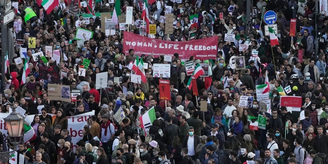 People participate in a protest against the Iranian regime, in Berlin, Germany, on Saturday 22 October 2022, following the death of Mahsa Amini in the custody of the notorious "moral police."