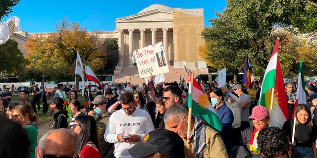 Hundreds of people participate in a demonstration on Saturday 22 October 2022 in Washington in a demonstration of international support for protesters facing a violent government crackdown in Iran, triggered by the death of 22-year-old Mahsa Amini in her custody of the country's moral police.