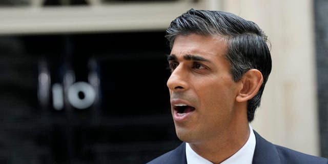 New British Prime Minister Rishi Sunak speaks at Downing Street in London, Tuesday, Oct. 25, 2022, after returning from Buckingham Palace where he was formally appointed to the post by Britain's King Charles III.