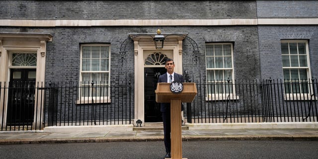 New British Prime Minister Rishi Sunak speaks at Downing Street in London, Tuesday, Oct. 25, 2022, after returning from Buckingham Palace where he was formally appointed to the post by Britain's King Charles III. 