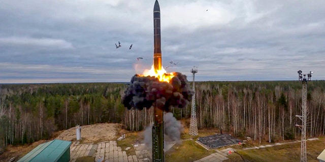 A Yars intercontinental ballistic missile is test-fired as part of Russia's nuclear drills from a launch site in Plesetsk, northwestern Russia Oct. 26, 2022.