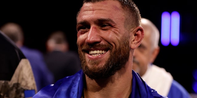 Vasiliy Lomachenko reacts after his a lightweight boxing match against Jamaine Ortiz Sunday, Oct. 30, 2022, in New York.
