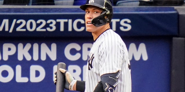 New York Yankees' Aaron Judge reacts after striking out during the seventh inning of a baseball game against the Baltimore Orioles, Sunday, Oct. 2, 2022, in New York.
