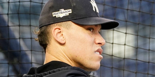 The New York Yankees' Aaron Judge bats during a workout ahead of Game 1 of baseball's American League Division Series against the Cleveland Guardians Monday, Oct. 10, 2022, in New York.