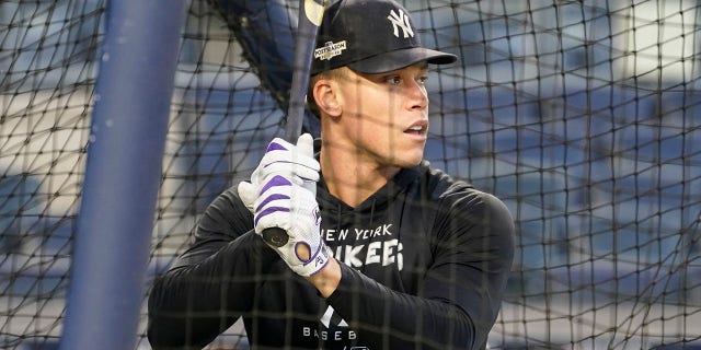 The New York Yankees' Aaron Judge bats during a workout ahead of Game 1 of baseball's American League Division Series against the Cleveland Guardians, Monday, Oct. 10, 2022, in New York.