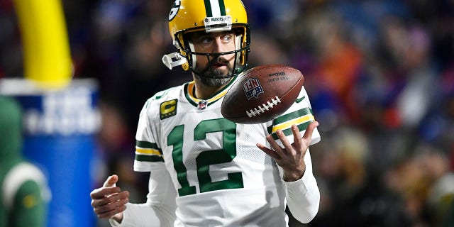 Green Bay Packers quarterback Aaron Rodgers looks on before the game against the Buffalo Bills on Oct. 30, 2022, in Orchard Park, New York.