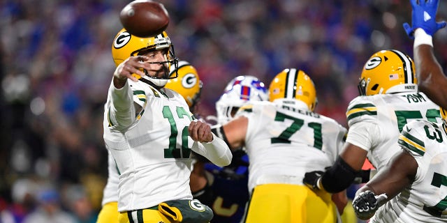 Green Bay Packers quarterback Aaron Rodgers (12) throws a pass during the first half against the Buffalo Bills, Oct. 30, 2022, in Orchard Park, New York.