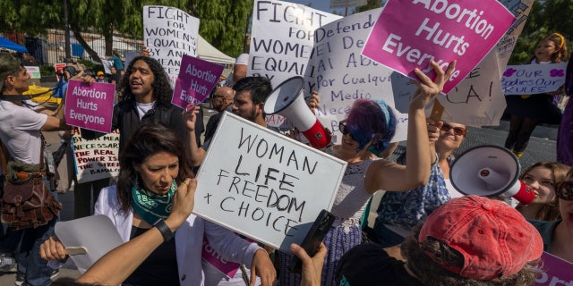 Pro-life and pro-choice activists argue during the Women's March Action Rally for Reproductive Rights at Mariachi Plaza in Los Angeles, California, on Oct. 8, 2022.