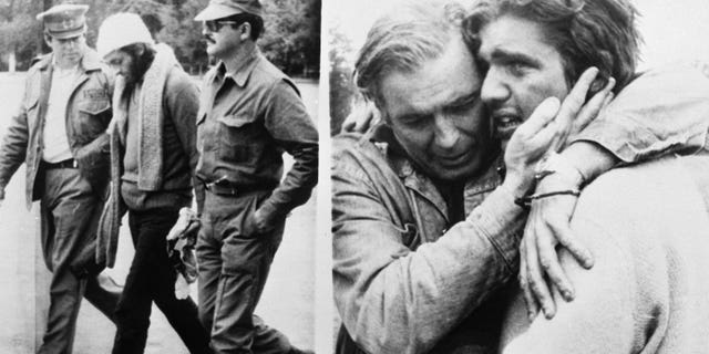 Chilean army officers escort Uruguayan rugby player Fernando Parrado (center, left photo) after his arrival after he and another survivor walked from the crash site into the snow-capped Andes mountains.  On the right, crash survivor Carlos Paez is rejoicing with his father after being transported by helicopter from the crash site.  (Photo by Bettmann Archive / Getty Images)