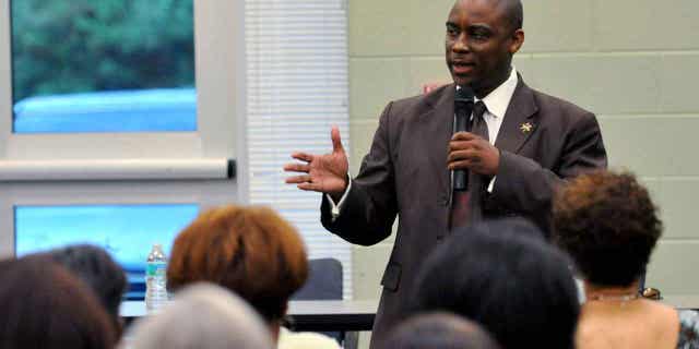 Clayton County Sheriff Victor Hill speaks at a candidate forum in Rex, Georgia, on Aug. 16, 2012. Hill is being accused of punishing detainees by having them strapped into a restraint chair for hours even though they obeyed instructions.