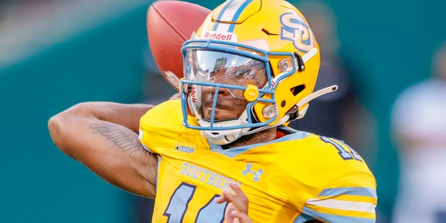 Southern University Jaguars quarterback BeSean McCray looks for an open receiver during the Texas Southern Tigers game on Sept. 17, 2022, at Choctaw Stadium in Arlington, Texas.