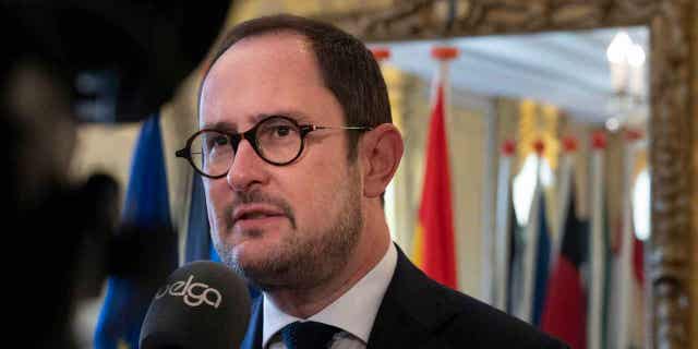 Belgium's Justice Minister Vincent Van Quickenborne being interviewed on Oct. 7, 2022. Van Quickenborne was interviewed after ministers and delegates from six European nations discussed ways to step up the fight against organized crime.