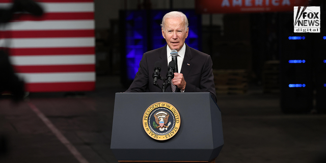 President Biden gives a speech at the IBM factory.