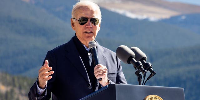 President Joe Biden gives a speech before designating Camp Hale as a national monument on Oct. 12, 2022, in Red Cliff, Colorado.