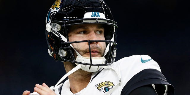 Blake Bortles, #5 of the Jacksonville Jaguars, warms up before the game against the Houston Texans at NRG Stadium on Dec. 30, 2018 in Houston.