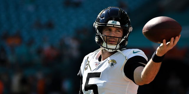 Blake Bortles, #5 of the Jacksonville Jaguars, in action against the Miami Dolphins at Hard Rock Stadium on Dec. 23, 2018 in Miami.