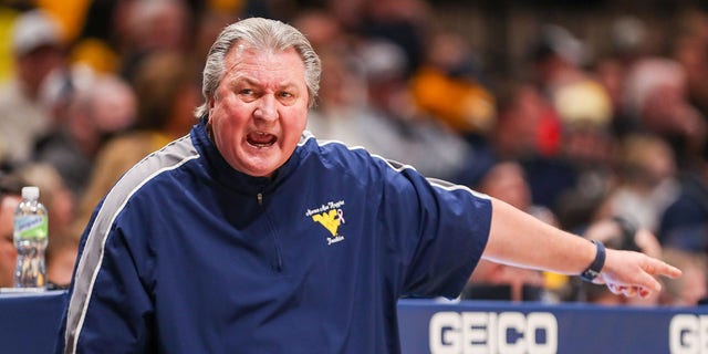 Jan 18, 2022; Morgantown, West Virginia, USA; West Virginia Mountaineers head coach Bob Huggins yells from the bench during the first half against the Baylor Bears at WVU Coliseum.