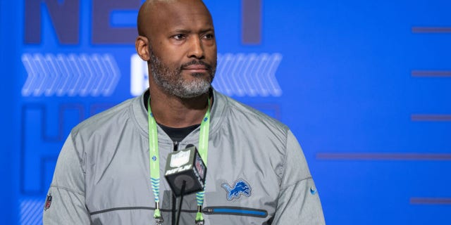 Detroit Lions general manager Brad Holmes answers questions from the media during the NFL Scouting Combine March 1, 2022, at the Indiana Convention Center in Indianapolis.