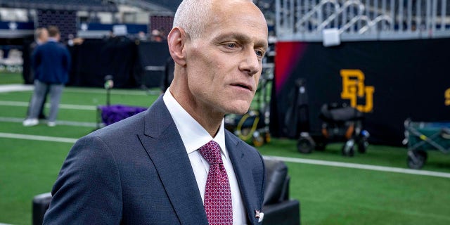 Big 12 commissioner Brett Yormark talks with the media during the Big 12 Media Day at AT and T Stadium July 13, 2022, in Arlington, Texas.