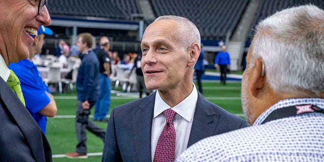 Big 12 commissioner Brett Yormark talks with the media during the Big 12 Media Day at AT and T Stadium Jul 13, 2022, in Arlington, Texas.