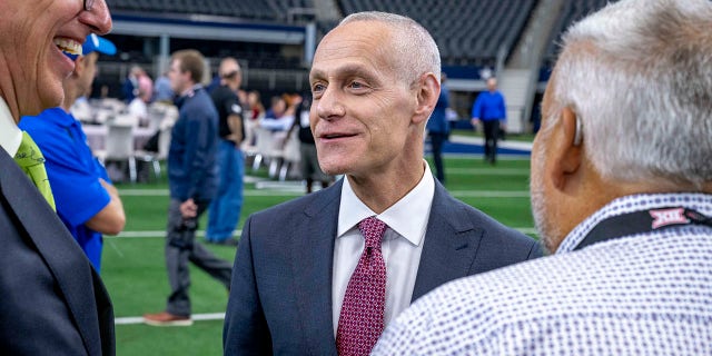 Big 12 commissioner Brett Yormark talks with the media during the Big 12 Media Day at AT and T Stadium Jul 13, 2022, in Arlington, Texas.