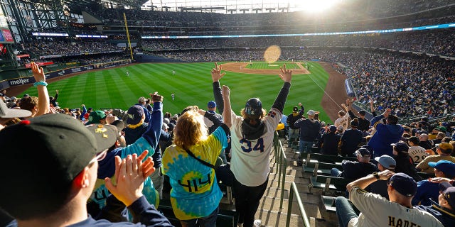 A general view of American Family Field as fans cheer on during the game between the St. Louis Cardinals and the Milwaukee Brewers on Thursday, April 14, 2022 in Milwaukee.
