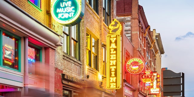 Neon signs in the landmark Broadway pub district in downtown Nashville, Tennessee.