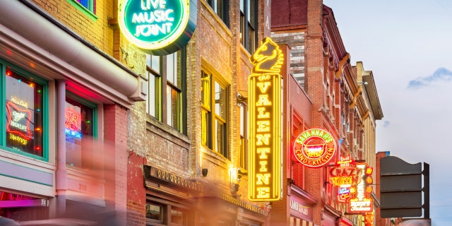 Neon signs in the landmark Broadway pub district in downtown Nashville, Tennessee.