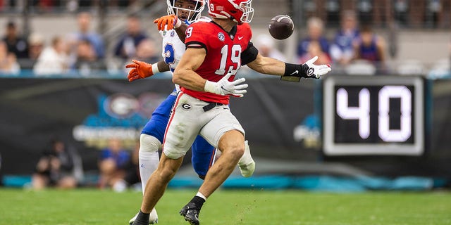 JACKSONVILLE, FLORIDA - OCTOBER 29: Brock Bowers #19 of the Georgia Bulldogs catches a pass for a touchdown during the first half of a game against the Florida Gators at TIAA Bank Field on October 29, 2022 in Jacksonville, Florida.