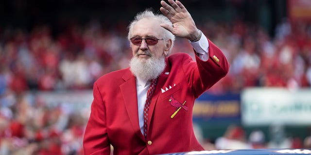 Former St. Louis Cardinals and Hall of Fame Bruce Sutter waves to the crowd during the 2018 home opener game between the St. Louis Cardinals and the Arizona Diamondbacks on April 5, 2018 at Bush Stadium in St. Louis, Missouri. 