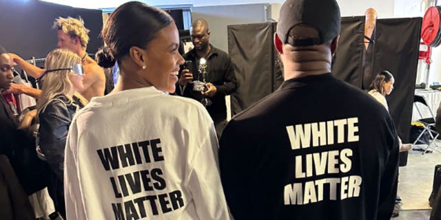 Candace Owens and Ye wearing White Lives Matter T-shirts. 