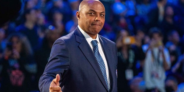 NBA great Charles Barkley is honored for being selected to the NBA 75th Anniversary Team during halftime in the 2022 NBA All-Star Game at Rocket Mortgage FieldHouse in Cleveland Feb. 20, 2022.