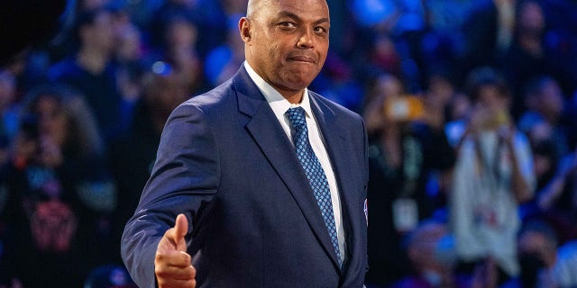 Charles Barkley is honored for being selected to the NBA 75th Anniversary Team during halftime of the NBA All-Star Game at Rocket Mortgage FieldHouse in Cleveland on Feb. 20, 2022.