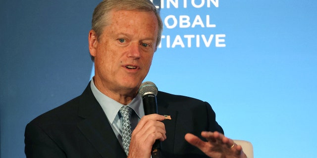 FILE: Massachusetts Gov. Charlie Baker speaks at a forum during the opening of the Clinton Global Initiative (CGI), a gathering of international leaders that seeks to help solve global problems, on Sept. 19, 2022, in the city of New York.