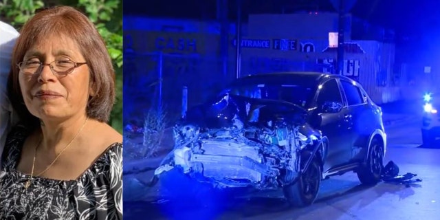 L-R: Dominga Flores and a wrecked vehicle involved in the crash.