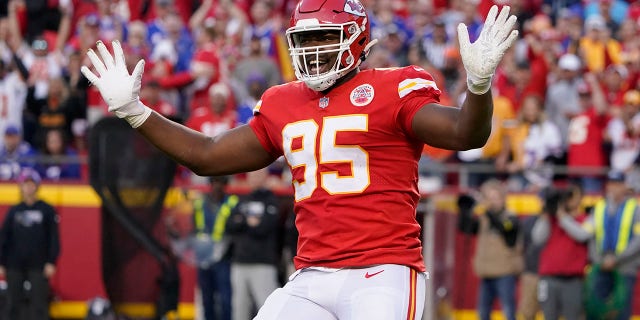 Kansas City Chiefs defensive tackle Chris Jones celebrates after sacking Buffalo Bills quarterback Josh Allen during the second half of a football NFL game Sunday, Oct. 16, 2022, in Kansas City, Missouri.