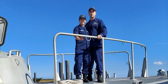 Machinery Technician 2nd Class TJ Foley stands beside his wife, Christina Sabbiondo.