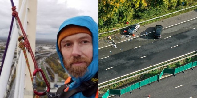 (L) Morgan Trowland, climate protester;  (R) Scene of the accident that killed two people