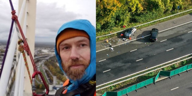 (L) Morgan Trowland, climate protester;  (R) Scene of the accident that killed two people