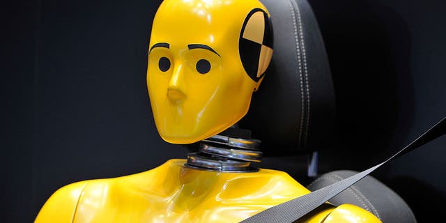 A crash test dummy is displayed during the Geneva Motor Show 2016 on March 2, 2016, in Geneva, Switzerland.