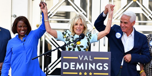 U.S. first lady Jill Biden attended a rally for Democratic Senate candidate Rep. Val Demings, D-Fla., and Florida Gubernatorial candidate Rep. Charlie Crist, D-Fla., on October 15, 2022 in Orlando, Florida. 